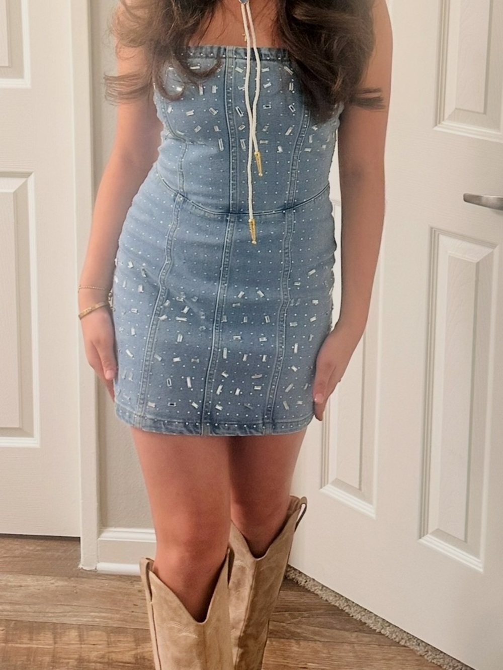 Gianni Bini Embellished Strapless Denim Mini Dress - Light Blue - Picture 3 of 3